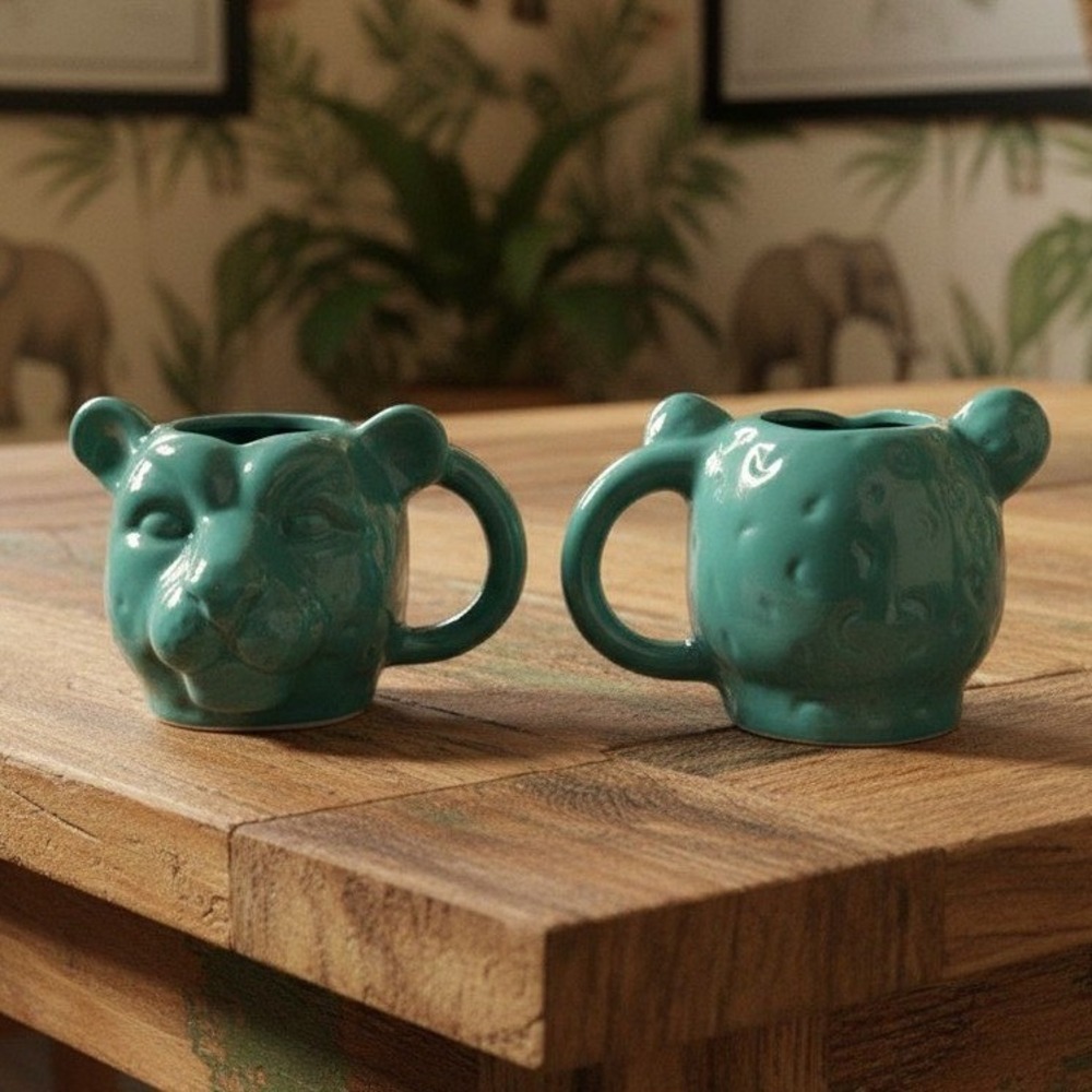 Cheetah Head Oversized Teal Coffee Cups, Set of 2, Large Ceramic Mugs, Drinkware